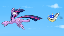 Size: 1920x1080 | Tagged: safe, artist:underpable, character:twilight sparkle, character:twilight sparkle (alicorn), species:alicorn, species:pony, g4, blue shell, cloud, crossover, derpin daily, female, flying, looking back, mare, mario kart, open mouth, sky, spread wings, super mario bros., this will end in pain, three quarter view, wallpaper, wings
