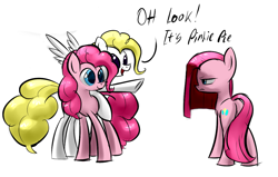 Size: 1181x749 | Tagged: safe, artist:underpable, character:pinkamena diane pie, character:pinkie pie, character:surprise, derpin daily, ponidox, self ponidox, trinity pie