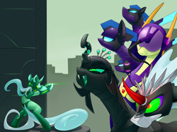 Size: 4950x3712 | Tagged: safe, artist:underpable, character:adagio dazzle, character:king sombra, character:lyra heartstrings, character:queen chrysalis, crossover, megaman, megaman x, megamare, megamare x, poster, shadowbolts