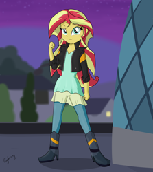 Size: 5653x6341 | Tagged: safe, artist:thebrokencog, character:sunset shimmer, episode:my past is not today, equestria girls:rainbow rocks, g4, my little pony: equestria girls, my little pony:equestria girls, absurd resolution, boots, canterlot high, clothing, female, high heel boots, high heels, rooftop, shoes, solo