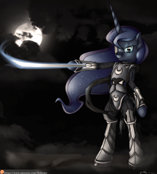 Size: 3462x3830 | Tagged: safe, artist:neko-me, character:princess luna, species:anthro, arm hooves, armor, clothing, female, moon, patreon, solo, torn clothes, warzone, weapon
