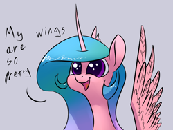 Size: 1024x768 | Tagged: safe, artist:underpable, character:princess celestia, bust, colored pupils, cute, cutelestia, derpin daily, dialogue, female, gray background, my wings are so pretty, open mouth, pinklestia, portrait, simple background, smiling, solo, spread wings, toylestia, wings