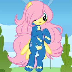 Size: 1800x1800 | Tagged: safe, artist:beavernator, character:fluttershy, alternate hairstyle, cutie mark on clothes, female, hair over one eye, long mane, solo, wonderbolts uniform, wondershy
