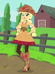 Size: 4840x6533 | Tagged: safe, artist:thebrokencog, character:applejack, episode:friendship through the ages, equestria girls:rainbow rocks, g4, my little pony: equestria girls, my little pony:equestria girls, '90s, absurd resolution, boots, clothing, country applejack, cowboy boots, cowboy hat, female, freckles, hat, high heel boots, high heels, music notes, shoes, sleeveless, solo