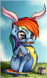 Size: 2082x3435 | Tagged: safe, artist:neko-me, character:rainbow dash, bucket, bunny ears, cute, easter, easter egg, egg, female, filly, filly rainbow dash, horseshoes, mouth hold, paintbrush, solo, underhoof