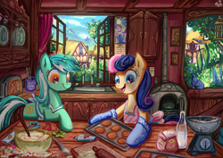 Size: 1222x863 | Tagged: safe, artist:jowyb, character:bon bon, character:lyra heartstrings, character:princess celestia, character:sweetie drops, species:bird, species:pony, episode:slice of life, g4, my little pony: friendship is magic, apron, baking, baking sheet, bon bon is amused, bon bon's baking cookies girls, bottle, calendar, clothing, cookie, cookie cutter, cookie dough, cooking, cupboard, dough, female, food, interior, mare, milk, mountain, open mouth, oven, oven mitts, ponyville, rolling pin, scale, sink, smiling, spoon, toaster, tree, window