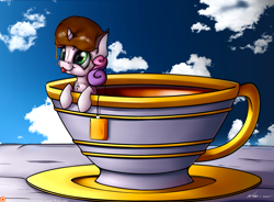 Size: 2928x2160 | Tagged: safe, artist:neko-me, character:sweetie belle, species:pony, cup of pony, cute, diasweetes, female, horn impalement, micro, patreon, silly, silly pony, solo, sweet tea belle, tea, teabag, teacup, tiny ponies, tongue out, weapons-grade cute
