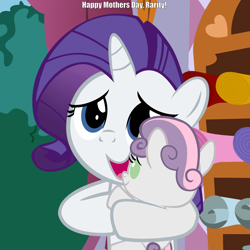 Size: 3200x3200 | Tagged: safe, artist:beavernator, character:rarity, character:sweetie belle, species:pony, species:unicorn, baby, baby belle, baby pony, beavernator is trying to murder us, blue eyes, caption, cute, diasweetes, foal, fridge horror, horn, implications, mother and daughter, mother's day, the implications are horrible, younger