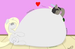 Size: 1280x832 | Tagged: safe, artist:theimmortalwolf, oc, oc only, oc:bon appe'tit, oc:shawn, species:draconequus, belly bed, bellyrubs, fat, impossibly large belly, obese, sequence, stuffed, stuffing