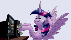 Size: 1920x1080 | Tagged: safe, artist:underpable, character:twilight sparkle, character:twilight sparkle (alicorn), species:alicorn, species:pony, :t, computer, derp, derpin daily, female, floppy ears, mare, messy mane, money, nose wrinkle, scrunch, scrunchy face, shut up and take my money, silly, silly pony, simple background, solo, spread wings, steam (software), steam sale, steam summer sale, twilight snapple, wide eyes, wingboner, wings