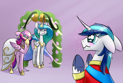 Size: 1748x1181 | Tagged: safe, artist:underpable, character:princess cadance, character:princess celestia, character:shining armor, species:alicorn, species:pony, species:unicorn, ship:shiningcadance, episode:a canterlot wedding, g4, my little pony: friendship is magic, cadance is not amused, celestia is not amused, clothing, crying, dilated pupils, dress, facehoof, female, floppy ears, frown, male, shining adorable, shipping, sparkles, straight, unamused, wavy mouth, wedding, wedding dress