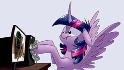 Size: 1280x720 | Tagged: safe, artist:underpable, edit, character:twilight sparkle, character:twilight sparkle (alicorn), species:alicorn, species:pony, :t, computer, derp, derpin daily, exploitable meme, fallout 4, female, floppy ears, mare, meme, messy mane, money, pipboy, scrunchy face, shut up and take my money, solo, spread wings, wide eyes, wings