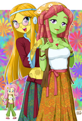 Size: 723x1066 | Tagged: safe, artist:uotapo, character:fluttershy, character:tree hugger, character:wheat grass, my little pony:equestria girls, belly button, blushing, breasts, busty fluttershy, busty tree hugger, cleavage, equestria girls-ified, feet, female, hippie, hippieshy, midriff, sandals, tattoo