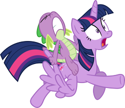 Size: 3573x3085 | Tagged: safe, artist:porygon2z, character:spike, character:twilight sparkle, character:twilight sparkle (alicorn), species:alicorn, species:dragon, species:pony, dragons riding ponies, female, mare, riding, simple background, transparent background, vector, wing pull