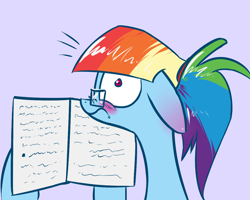 Size: 1280x1024 | Tagged: safe, artist:underpable, character:rainbow dash, alternate hairstyle, blushing, caught, derpin daily, ear blush, egghead, female, glasses, manebow sparkle, nerd, ponytail, rainbow dork, reading rainboom, solo