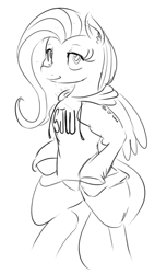Size: 677x1188 | Tagged: safe, artist:zev, character:fluttershy, clothing, female, grayscale, hoodie, monochrome, semi-anthro, solo