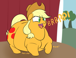 Size: 683x527 | Tagged: safe, artist:astr0zone, character:applejack, species:earth pony, species:pony, applefat, barn, burp, fat, female, mare, obese, solo, stomach noise, tongue out, wavy mouth