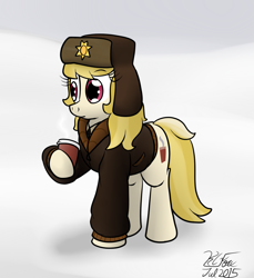 Size: 949x1037 | Tagged: safe, artist:the-furry-railfan, character:march gustysnows, species:earth pony, species:pony, clothing, coffee, hat, police, snow, ushanka
