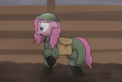 Size: 1824x1227 | Tagged: safe, artist:the-furry-railfan, character:pinkamena diane pie, character:pinkie pie, battle of the somme, brodie helmet, clothing, depressed, helmet, mud, trench, trenchcoat, war, world war i
