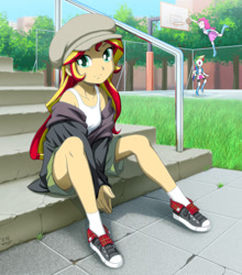 Size: 900x1022 | Tagged: safe, artist:uotapo, character:pinkie pie, character:rainbow dash, character:sunset shimmer, my little pony:equestria girls, alternate costumes, basketball, beautiful, boots, clothing, colored pupils, converse, cute, female, flat cap, hat, high heel boots, jacket, looking at you, newsboy hat, pinkie being pinkie, pinkie physics, pretty, shimmerbetes, shoes, shorts, sitting, skirt, slam dunk, smiling, socks, solo focus, sweater, tank top, uotapo is trying to murder us, when she smiles