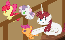 Size: 5400x3360 | Tagged: safe, artist:beavernator, character:apple bloom, character:scootaloo, character:sweetie belle, oc, oc:fausticorn, species:pegasus, species:pony, baby, baby apple bloom, baby belle, baby pony, baby scootaloo, cutie mark crusaders, foal, lauren faust, ponified