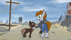 Size: 2931x1649 | Tagged: dead source, safe, artist:erthilo, oc, oc only, oc:littlepip, species:dog, species:pony, species:unicorn, fallout equestria, butt, clothing, fallout, fallout 4, fanfic, fanfic art, female, mare, pipbuck, ruins, solo, vault suit, wasteland