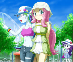 Size: 1171x1000 | Tagged: safe, artist:uotapo, character:fluttershy, character:rainbow dash, character:rarity, my little pony:equestria girls, armpits, aside glance, badge, baseball cap, belly button, blushing, breasts, busty fluttershy, chibi, clothing, covering, cute, cutie mark, dashabetes, denim, dress, embarrassed, female, frown, handbag, hat, looking at you, looking sideways, midriff, open mouth, pants, pointing, roller coaster, short dress, shyabetes, smiling, sports bra, sun hat, torn clothes, uotapo is trying to murder us