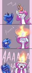 Size: 1200x2700 | Tagged: safe, artist:underpable, character:philomena, character:princess celestia, character:princess luna, species:pony, aaaaaaaaaa, blushing, cewestia, coughing, cute, cutelestia, d:, dialogue, eyes closed, female, filly, fire, floppy ears, funny, grin, laughing, lunabetes, on fire, open mouth, pink-mane celestia, screaming, smiling, tongue out, underpable is trying to murder us, wide eyes, woona