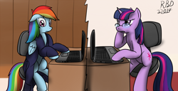 Size: 1280x655 | Tagged: safe, artist:the-furry-railfan, character:rainbow dash, character:surprise, character:twilight sparkle, chair, clothing, coat, computer, desk, disapproval, glasses, laptop computer, office, robe, skype, transformation