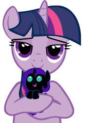 Size: 2800x4000 | Tagged: safe, artist:beavernator, character:twilight sparkle, oc, oc:nyx, species:pony, baby, baby pony, beavernator is trying to murder us, cute, female, filly, foal, holding a pony, hug, mama twilight, mother and daughter, nyxabetes, simple background, vector, weapons-grade cute, white background