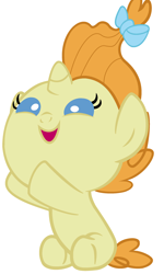Size: 1800x3000 | Tagged: safe, artist:beavernator, character:pumpkin cake, species:pony, baby, baby pony, beavernator is trying to murder us, bow, cute, female, filly, foal, hair bow, open mouth, pumpkinbetes, simple background, sitting, smiling, solo, vector, weapons-grade cute, white background