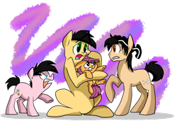 Size: 920x690 | Tagged: safe, artist:chub-wub, character:scootaloo, species:chicken, species:earth pony, species:pegasus, species:pony, angry, colt, crossover, double d, ed, ed edd n eddy, edd, eddy, eye contact, female, filly, floppy ears, frown, glare, gritted teeth, hug, lidded eyes, looking at each other, male, open mouth, ponified, raised hoof, restrained, sad, scared, scootachicken, simple background, size difference, transparent background, underhoof, wide eyes