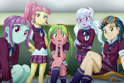 Size: 1200x800 | Tagged: safe, artist:uotapo, character:indigo zap, character:lemon zest, character:sour sweet, character:sugarcoat, character:sunny flare, equestria girls:friendship games, g4, my little pony: equestria girls, my little pony:equestria girls, bow, bow tie, chair, chalkboard, clothing, crystal prep academy, crystal prep academy uniform, cute, ear piercing, earring, female, freckles, glasses, goggles, happy, jewelry, legs, looking at you, open mouth, piercing, plaid skirt, pleated skirt, school uniform, schoolgirl, shadow five, shocked, sitting, skirt, smiling, socks, unsure, varying degrees of want, vest, wallpaper