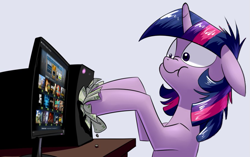 Size: 899x564 | Tagged: safe, artist:underpable, edit, character:twilight sparkle, :t, computer, derp, female, floppy ears, messy mane, money, nose wrinkle, scrunchy face, shut up and take my money, solo, steam (software), steam sale, steam summer sale, wide eyes, wingless edit