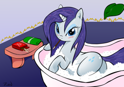 Size: 2459x1717 | Tagged: safe, artist:zev, character:rarity, species:pony, species:unicorn, bath, blushing, female, food, mare, plot, pocky, solo, water, wet, wet mane, wet mane rarity