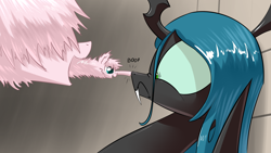 Size: 1920x1080 | Tagged: safe, artist:underpable, character:queen chrysalis, oc, oc:fluffle puff, species:changeling, species:pony, ship:chrysipuff, adoracreepy, alien, alien (franchise), alien 3, alien take, boop, canon x oc, changeling queen, creepy, cute, cutealis, female, flufflebetes, frown, lesbian, nose wrinkle, open mouth, scared, shipping, smiling, wat, wide eyes, xenomorph
