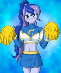 Size: 784x948 | Tagged: safe, artist:uotapo, edit, character:princess luna, character:vice principal luna, my little pony:equestria girls, belly button, blushing, breasts, busty princess luna, cheerleader, clothing, cropped, cute, embarrassed, female, lunabetes, midriff, moe, pom pom, shy, skirt, solo, uotapo is trying to murder us, vice principal luna
