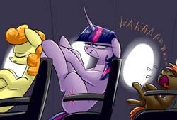 Size: 1748x1181 | Tagged: safe, artist:underpable, character:button mash, character:carrot top, character:golden harvest, character:twilight sparkle, character:twilight sparkle (unicorn), species:earth pony, species:pony, species:unicorn, crying, derpin daily, dialogue, eyes closed, female, floppy ears, frown, glare, male, open mouth, plane, sitting, tongue out, twilight is not amused, unamused