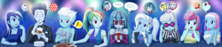 Size: 3808x800 | Tagged: safe, artist:uotapo, character:cup cake, character:fleetfoot, character:lotus blossom, character:minuette, character:photo finish, character:rainbow dash, character:soarin', character:sonata dusk, character:trixie, equestria girls:rainbow rocks, g4, my little pony: equestria girls, my little pony:equestria girls, :o, alternate hairstyle, blue, blushing, bracelet, cavity, clothing, color set, cute, cute cake, dashabetes, diafleetes, dialogue, diatrixes, dress, drinking, equestria girls-ified, evening gloves, eyes closed, female, food, frown, glasses, gloves, hot sauce, jewelry, loose hair, lotusbetes, male, minubetes, necklace, nervous, open mouth, pearl necklace, photaww finish, pie, pizza, plate, ponytail, prank, rainbow dash always dresses in style, raised eyebrow, smurfs, soarinbetes, sonatabetes, suit, sunglasses, sweat, tabasco, that pony sure does love pies, tooth, uotapo is trying to murder us, violet blurr