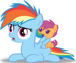 Size: 440x365 | Tagged: safe, artist:beavernator, artist:scrapplejack, character:rainbow dash, character:scootaloo, species:pegasus, species:pony, .svg available, baby, baby pony, baby scootaloo, beavernator is trying to murder us, cute, cutealoo, dashabetes, filly, filly rainbow dash, nom, rainbow dash is not amused, simple background, svg, time paradox, transparent background, unamused, vector, younger