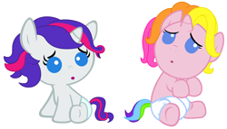 Size: 2800x1600 | Tagged: safe, artist:beavernator, character:rarity (g3), character:sparkler (g1), species:pony, g1, g3, babity, baby, baby pony, diaper, foal, g1 to g4, g3 to g4, generation leap