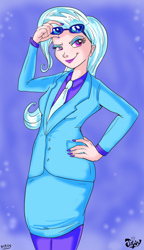 Size: 504x873 | Tagged: safe, artist:jowyb, character:trixie, species:human, business suit, clothing, dress, dress suit, female, glasses, humanized, looking at you, nail polish, smiling, smirk, solo