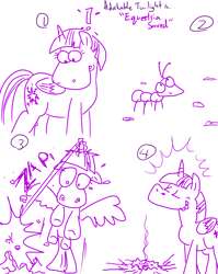Size: 4779x6013 | Tagged: safe, artist:adorkabletwilightandfriends, character:twilight sparkle, character:twilight sparkle (alicorn), species:alicorn, species:pony, absurd resolution, adorkable twilight, ant, comic, entomophobia, female, humor, magic, mare, monochrome, overreaction, sketch