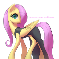 Size: 800x806 | Tagged: safe, artist:grissaecrim, character:fluttershy, episode:scare master, g4, my little pony: friendship is magic, black dress, clothing, costume, dress, female, hair over one eye, little black dress, long legs, looking at you, nightmare night costume, solo