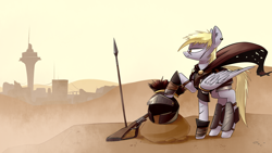 Size: 1920x1080 | Tagged: safe, artist:underpable, character:derpy hooves, species:pegasus, species:pony, armor, badass, caesar's legion, cape, clothing, commission, crossover, epic derpy, fallout, fallout: new vegas, female, gun, helmet, lever action rifle, mare, piercing, rifle, scar, solo, spear, weapon