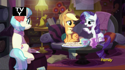 Size: 1280x719 | Tagged: safe, artist:grissaecrim, edit, edited screencap, screencap, character:applejack, character:coco pommel, character:rarity, episode:made in manehattan, g4, my little pony: friendship is magic, coco's apartment, discovery family logo, scene interpretation, sitting, sitting pretty, tv-y