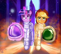 Size: 985x868 | Tagged: safe, artist:jowyb, character:applejack, character:twilight sparkle, character:twilight sparkle (alicorn), species:alicorn, species:earth pony, species:pony, astronaut, clothing, duo, female, helmet, mare, smiling, space suit, twijack weekly