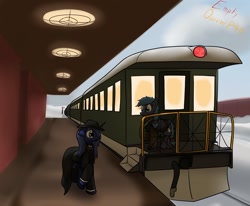Size: 1280x1057 | Tagged: safe, artist:the-furry-railfan, oc, oc only, oc:aerith, oc:night strike, species:alicorn, species:pegasus, species:pony, fallout equestria, boxcar, clothing, coat, duffle bag, fallout equestria: empty quiver, fedora, hat, jacket, outdoors, snow, suit, tracks, train, train station, tram