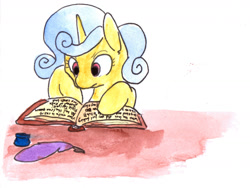 Size: 1280x960 | Tagged: safe, artist:whale, character:lemon hearts, species:pony, species:unicorn, book, copypasta, female, index get, ink, meme, navy seal copypasta, quill, reading, solo, traditional art