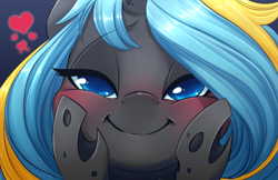 Size: 5100x3300 | Tagged: safe, artist:starshinebeast, oc, oc only, oc:echo, species:changeling, :i, bedroom eyes, blushing, close-up, colored pupils, cute, cuteling, equestria2101, female, heart, hooves, looking at you, love, smiling, solo, squishy cheeks, stare